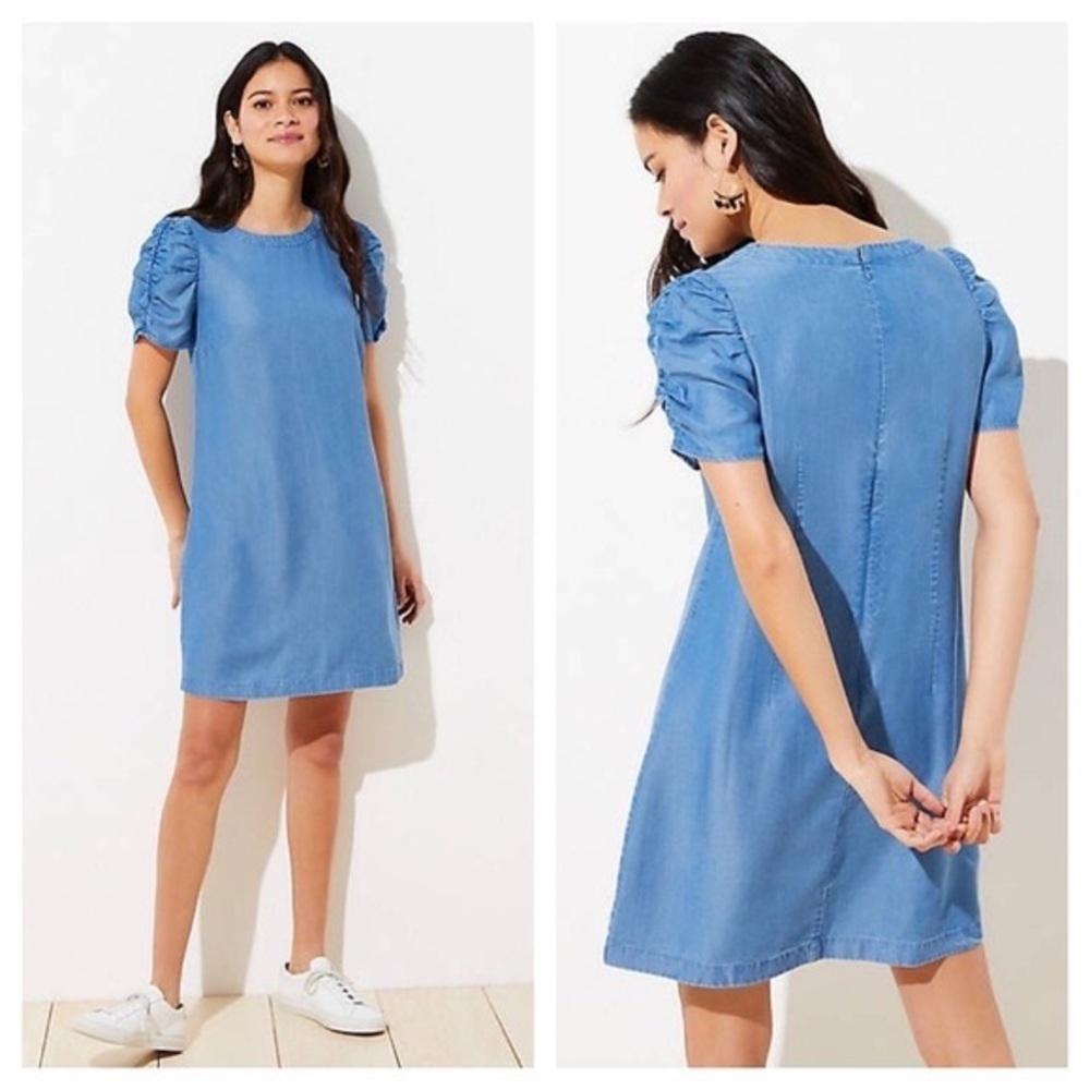 LOFT Faux Jean Chambray Ruched Sleeve Shift Dress